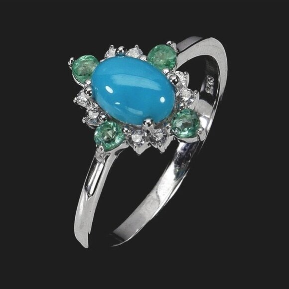 925 Sterling Silver Ring SZ 6.75 with Natural Oval Turquoise 7x5mm & Emerald Gem - Picture 2 of 3